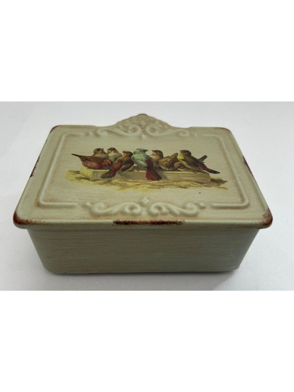 Vintage-Style Small Metal Box Songbirds Green Farmhouse Cottagecore Grannycore